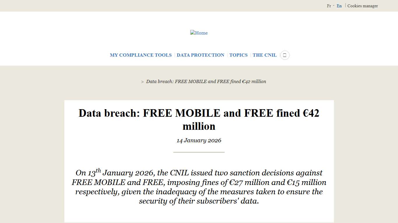 Data breach: FREE MOBILE and FREE fined €42 million | CNIL